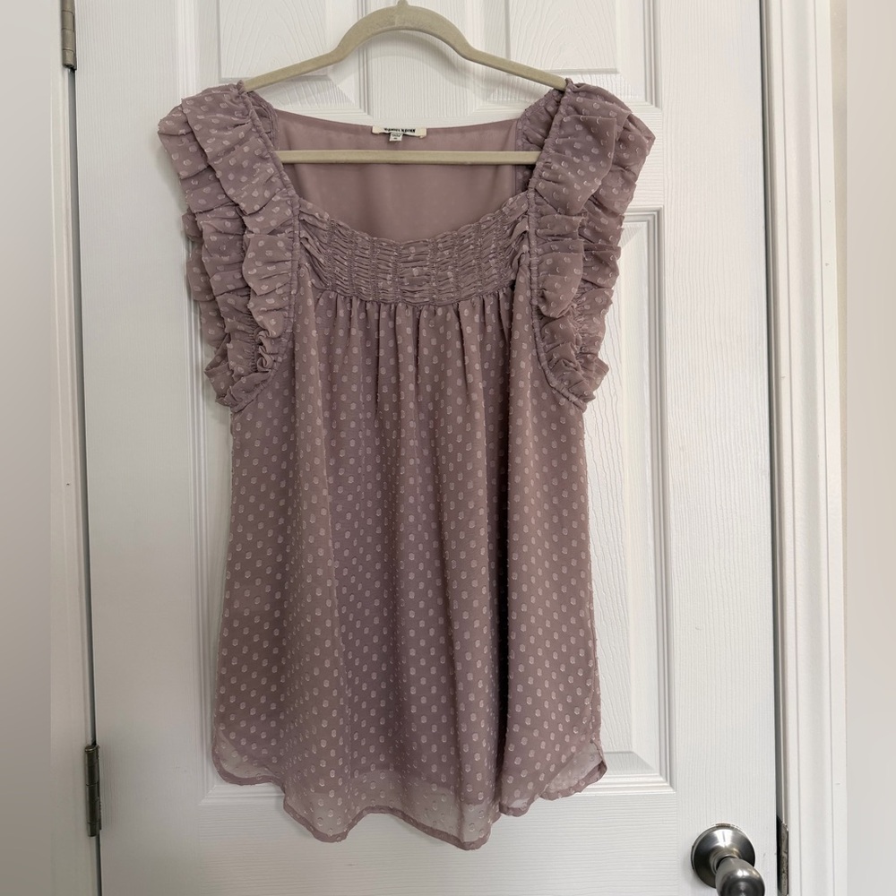 Daniel Rainn Mauve White Polka Dot Chiffon Sleeveless Ruffle Blouse XL